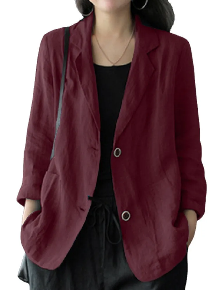 Women 100% Cotton Solid Color Button Front Business Thin All-Match Blazer With Pocket