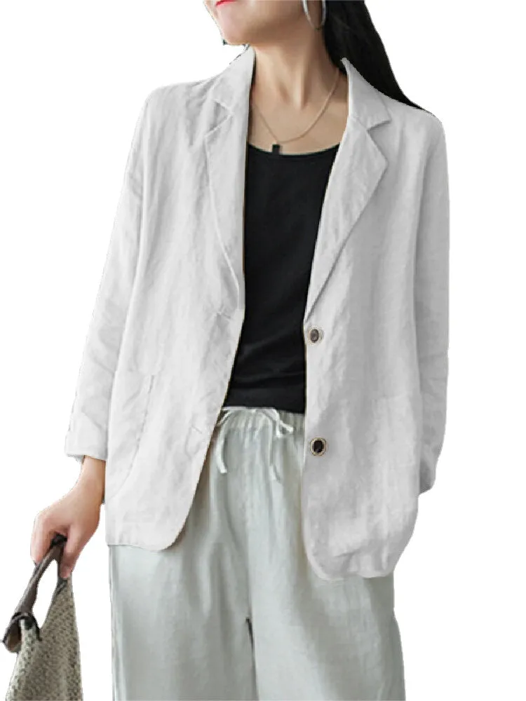 Women 100% Cotton Solid Color Button Front Business Thin All-Match Blazer With Pocket