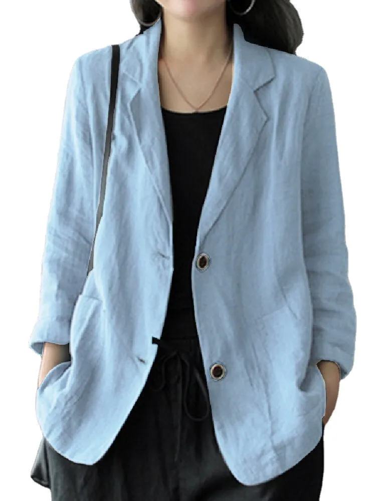 Women 100% Cotton Solid Color Button Front Business Thin All-Match Blazer With Pocket