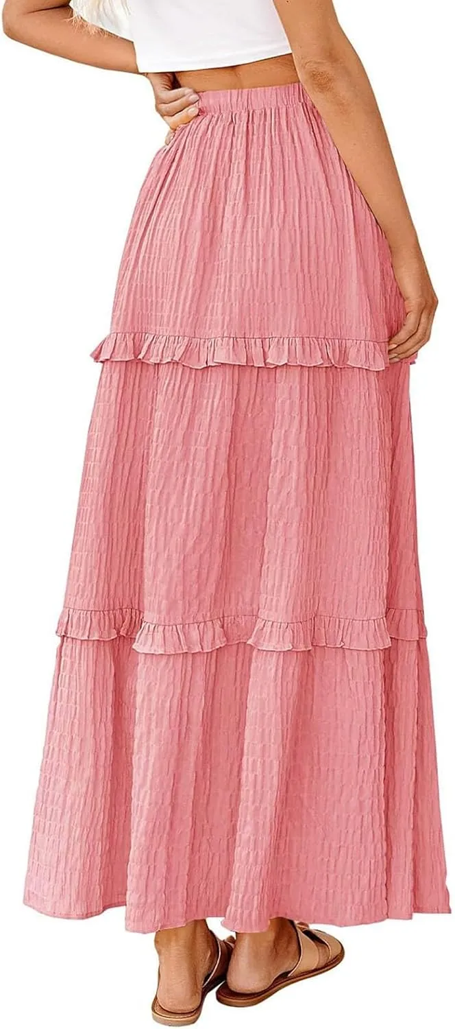 Women Flowy Maxi Skirt Boho Elastic Waist Pleated A-Line Long Skirts Ruffle Summer Beach Skirt with Drawstring