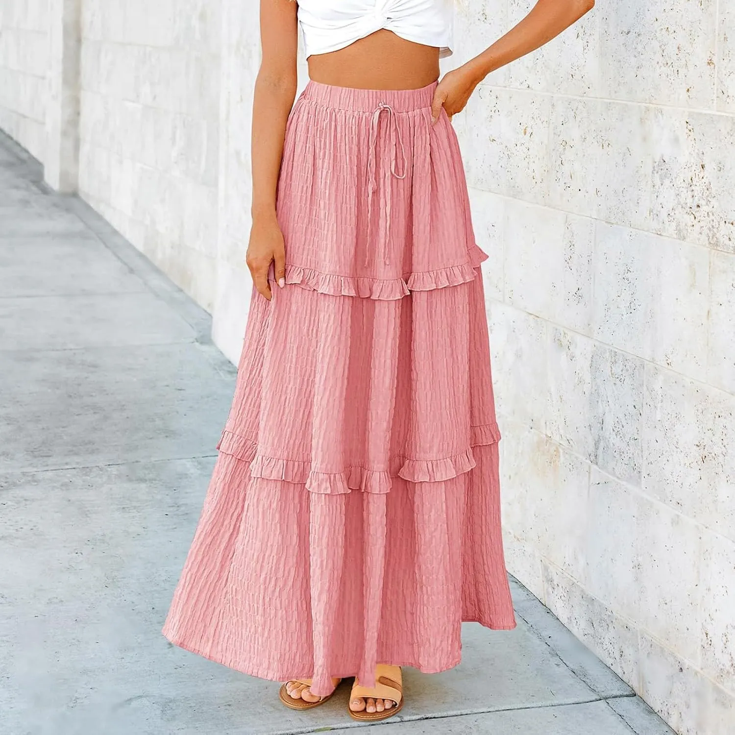Women Flowy Maxi Skirt Boho Elastic Waist Pleated A-Line Long Skirts Ruffle Summer Beach Skirt with Drawstring