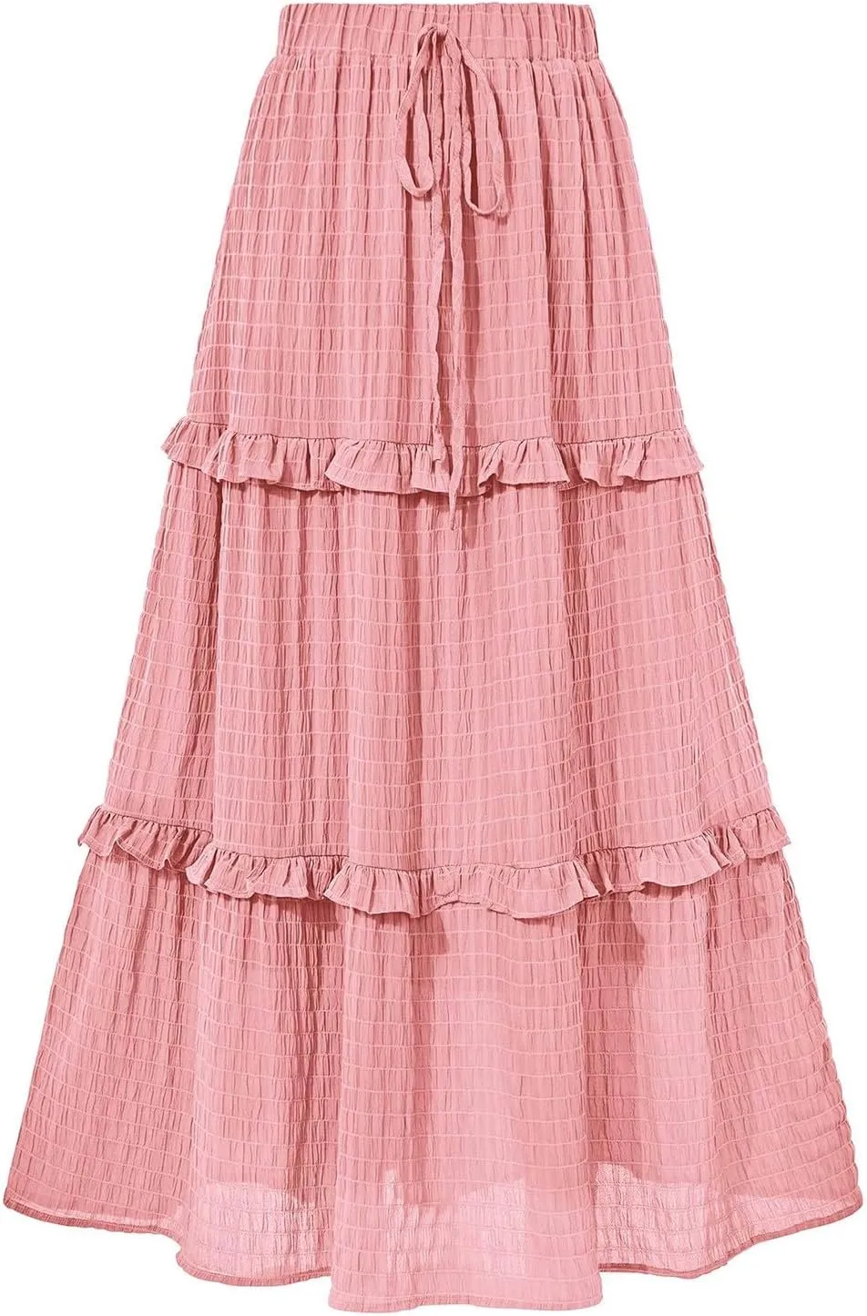 Women Flowy Maxi Skirt Boho Elastic Waist Pleated A-Line Long Skirts Ruffle Summer Beach Skirt with Drawstring