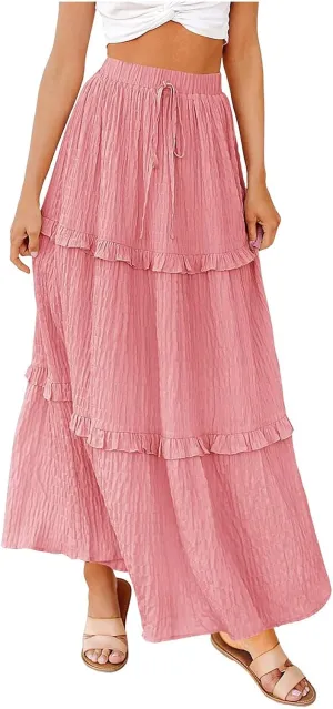 Women Flowy Maxi Skirt Boho Elastic Waist Pleated A-Line Long Skirts Ruffle Summer Beach Skirt with Drawstring