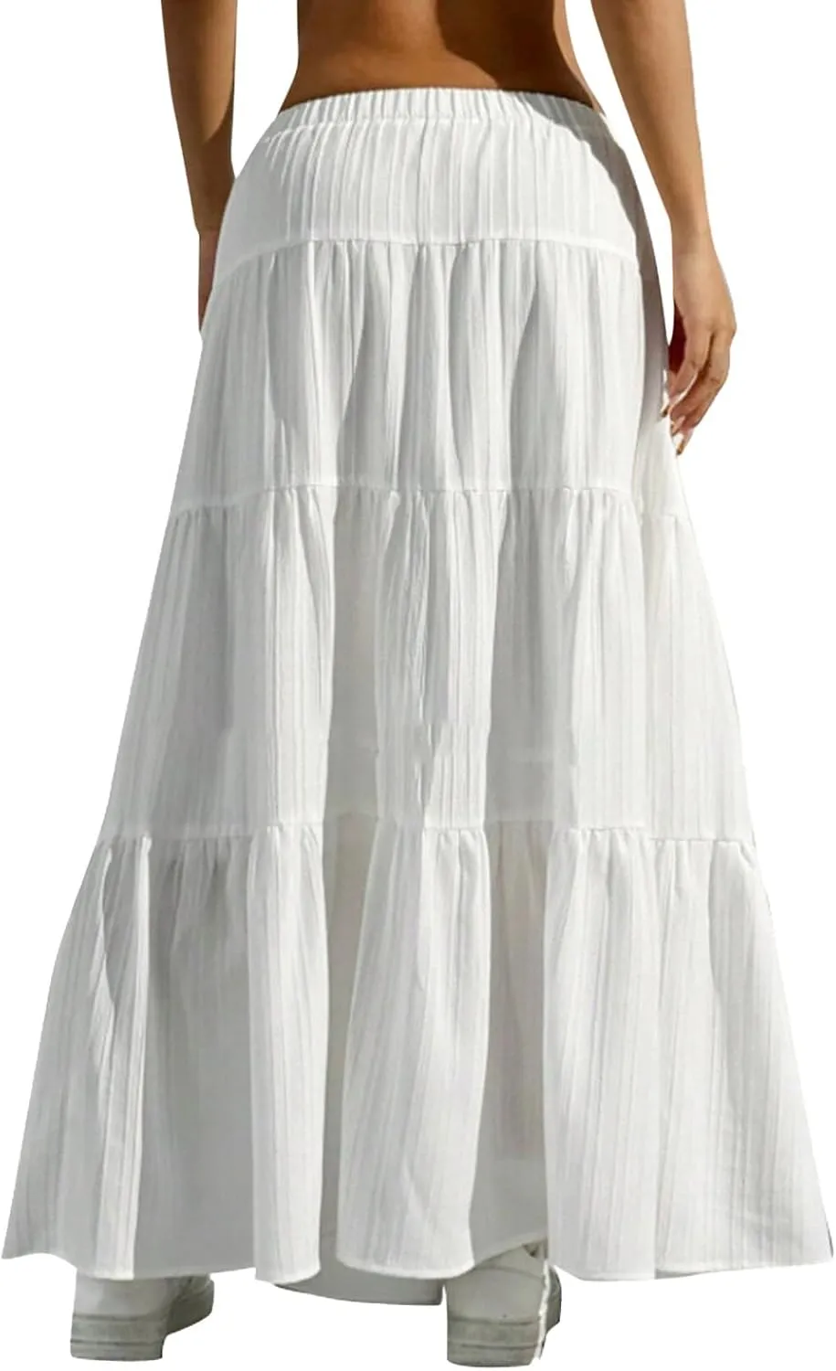Women Flowy Maxi Skirt Elastic High Waist Pleated A-Line Skirts Tiered Swing Summer Vacation Beach Long Skirts
