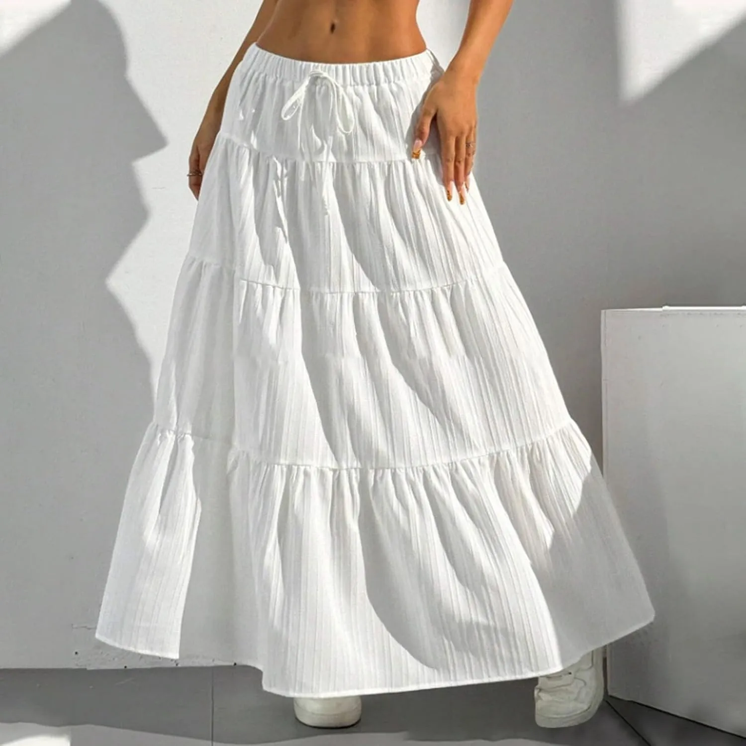 Women Flowy Maxi Skirt Elastic High Waist Pleated A-Line Skirts Tiered Swing Summer Vacation Beach Long Skirts
