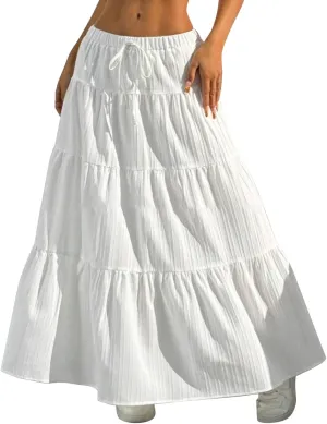 Women Flowy Maxi Skirt Elastic High Waist Pleated A-Line Skirts Tiered Swing Summer Vacation Beach Long Skirts