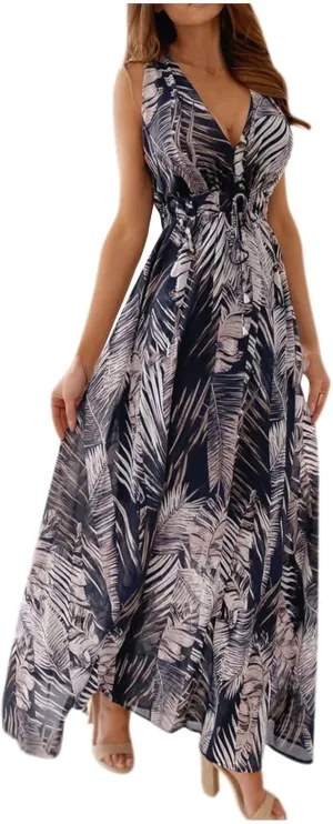Women's Casual Dresses Sleeveless Maxi Boho Dresses 2024 Summer Beach Print Loose Swing V-Neck Dress Dresses, S-2XL