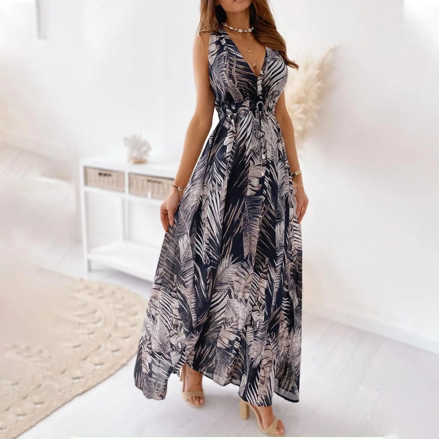 Women's Casual Dresses Sleeveless Maxi Boho Dresses 2024 Summer Beach Print Loose Swing V-Neck Dress Dresses, S-2XL