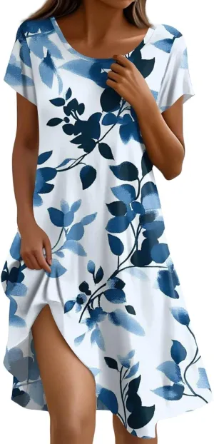 Women's Crew Neck Dresses Casual Sundress Beach Summer Short Sleeve Floral Knee Length A-Line with Pockets