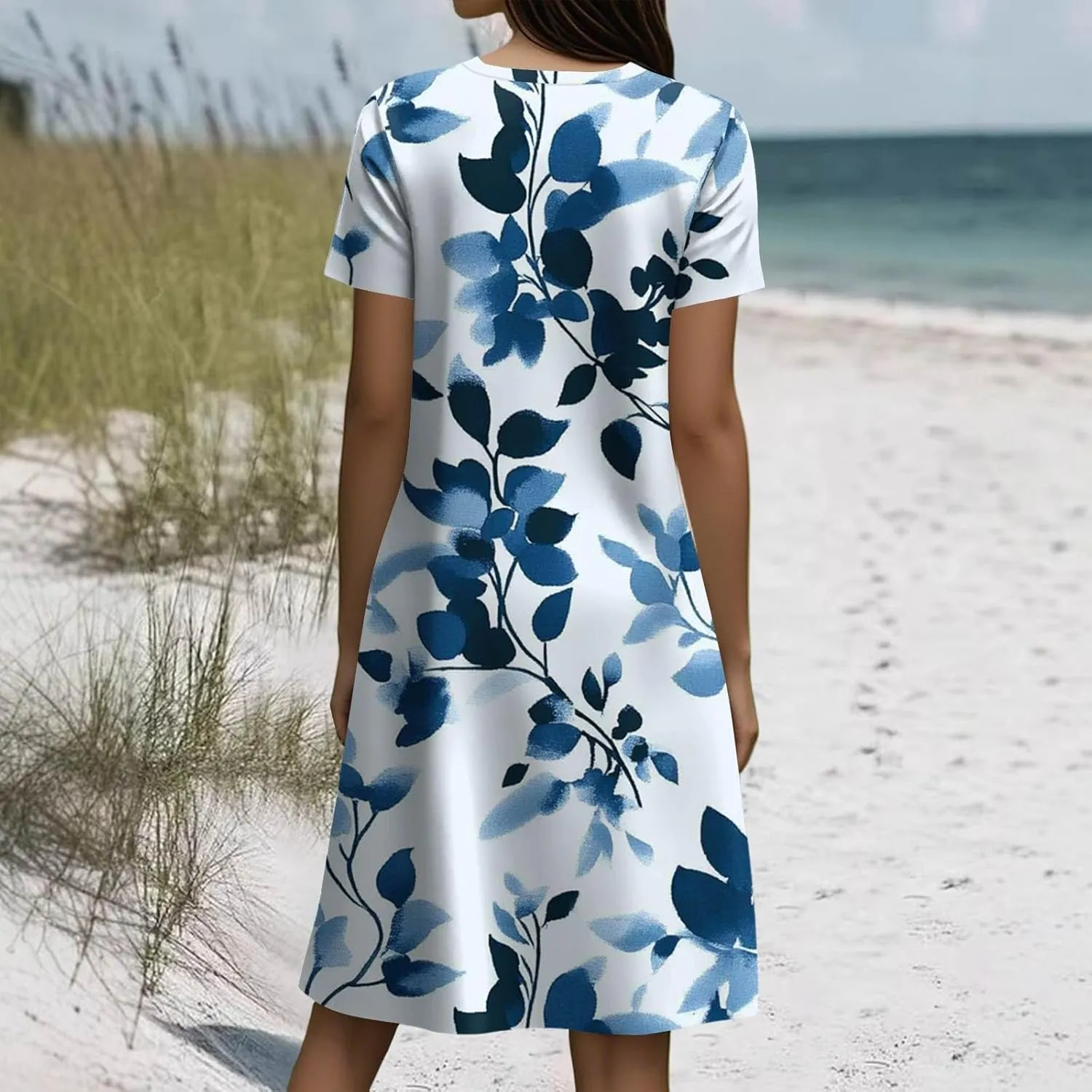 Women's Crew Neck Dresses Casual Sundress Beach Summer Short Sleeve Floral Knee Length A-Line with Pockets
