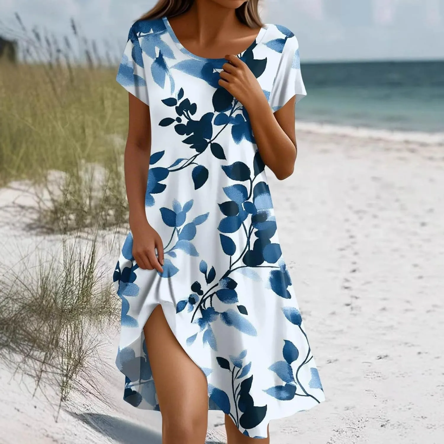 Women's Crew Neck Dresses Casual Sundress Beach Summer Short Sleeve Floral Knee Length A-Line with Pockets