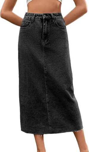 Women's High Waist Denim Skirt Elegant Solid Color Long Skirts Button Down A Line Skirts with Pockets