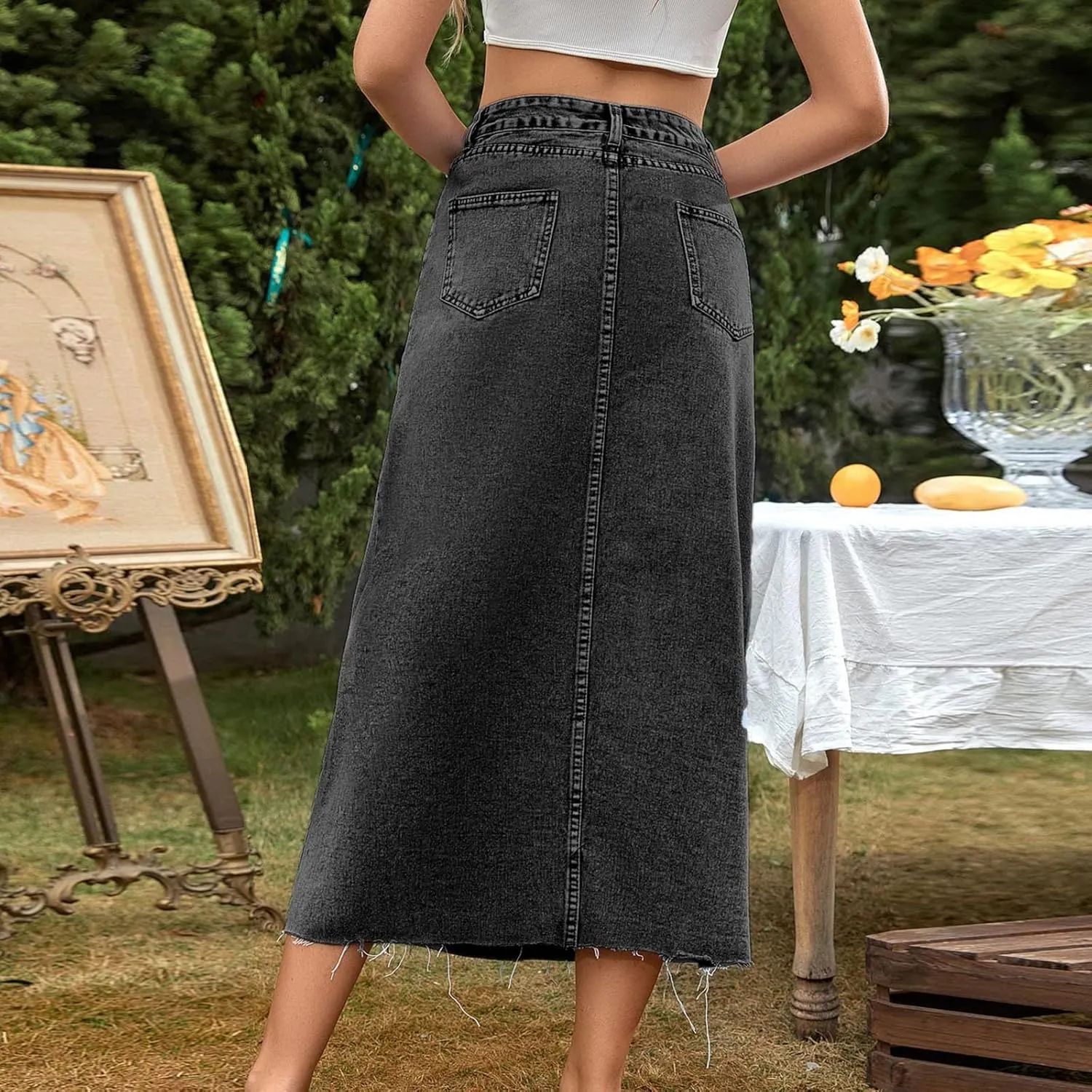 Women's High Waist Denim Skirt Elegant Solid Color Long Skirts Button Down A Line Skirts with Pockets