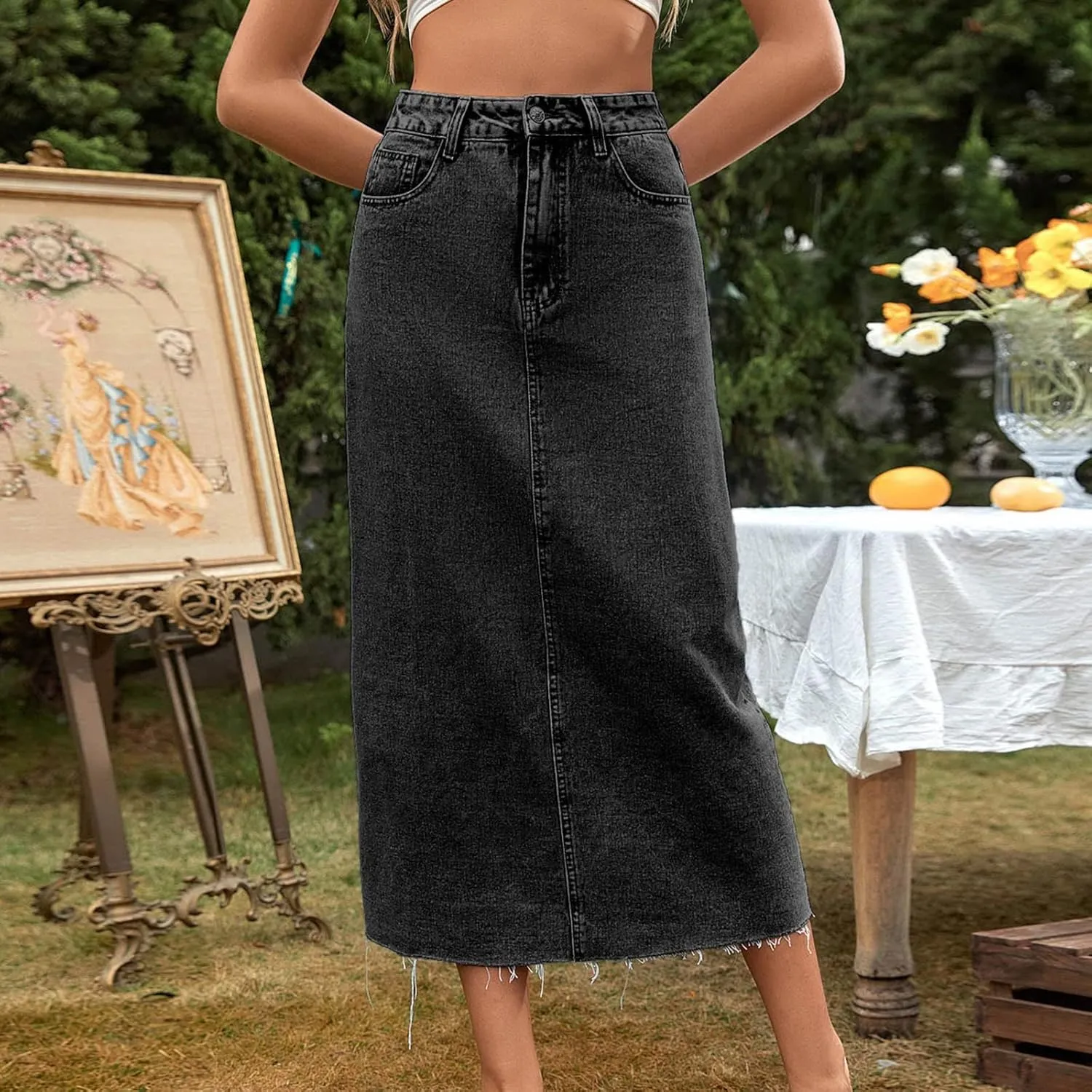 Women's High Waist Denim Skirt Elegant Solid Color Long Skirts Button Down A Line Skirts with Pockets