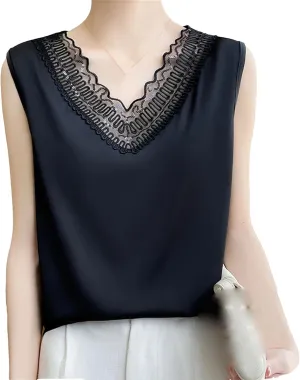 Women's Silk Satin V-Neck Tank Top Camisole Ruffle Lace Trim Sleeveless Vest Breathable Loose Shirt for Casual & Lounge Wear
