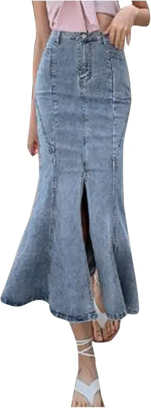 Women's Solid Color Denim Fishtail Skirt High Waist Button Down Maxi Skirt Frayed Hem Front Slit Skirts