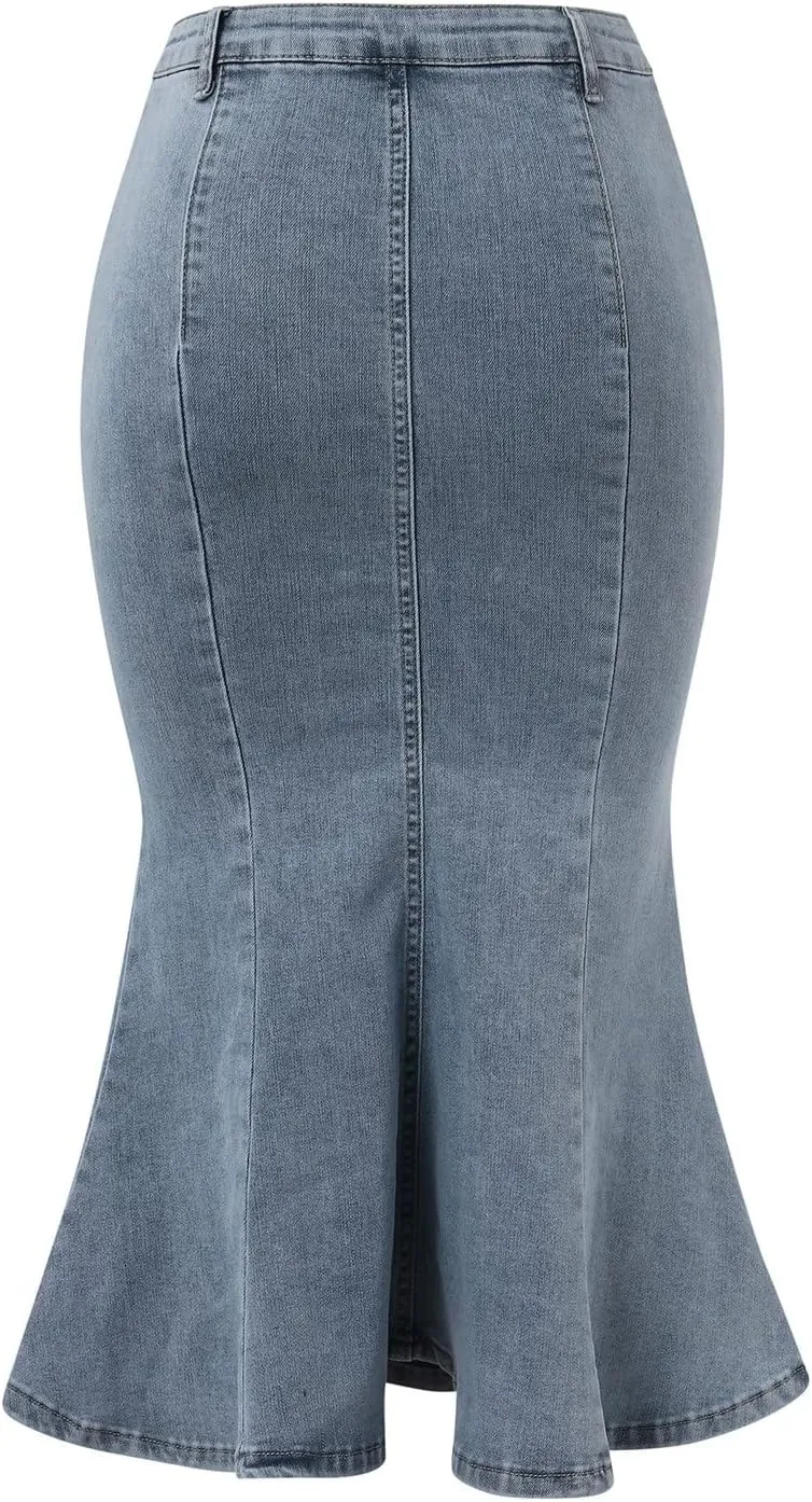 Women's Solid Color Denim Fishtail Skirt High Waist Button Down Maxi Skirt Frayed Hem Front Slit Skirts