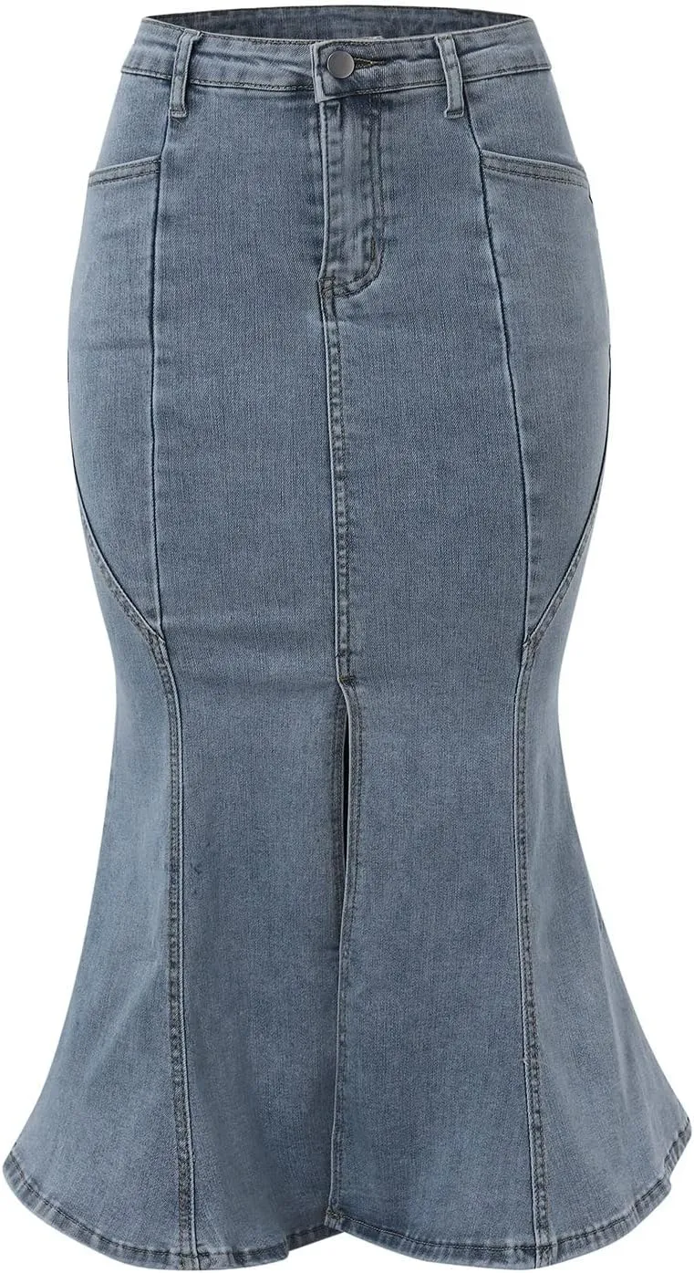 Women's Solid Color Denim Fishtail Skirt High Waist Button Down Maxi Skirt Frayed Hem Front Slit Skirts