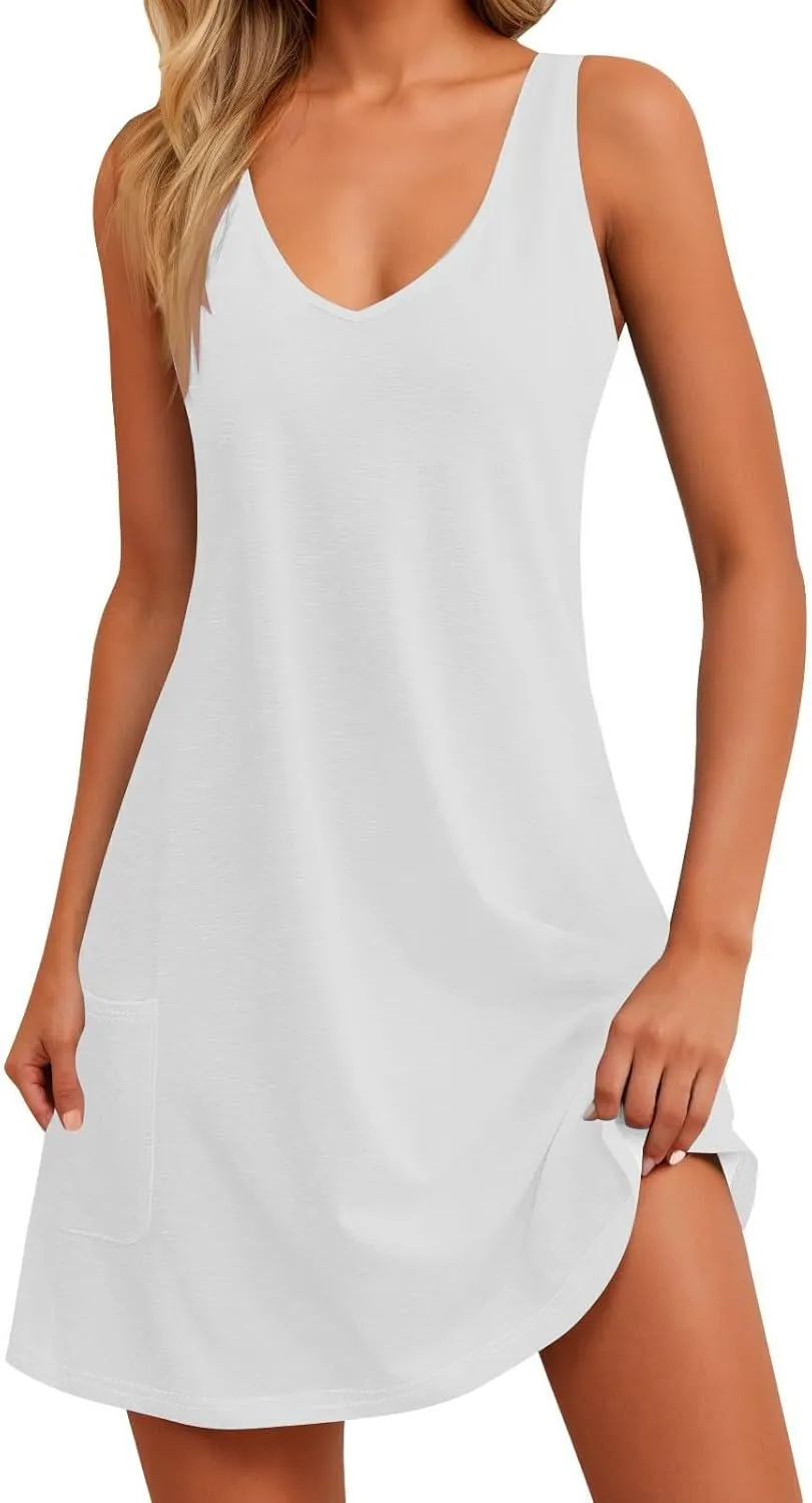 Womens Summer Dresses Trendy V Neck Sleeveless Sun Dresses Boho Tank Dress Casual Loose Fit Beach Dress with Pockets