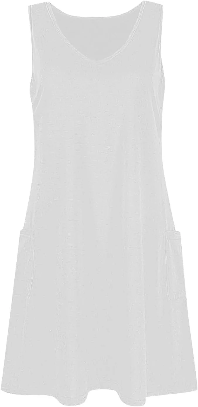 Womens Summer Dresses Trendy V Neck Sleeveless Sun Dresses Boho Tank Dress Casual Loose Fit Beach Dress with Pockets