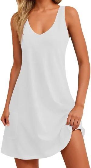 Womens Summer Dresses Trendy V Neck Sleeveless Sun Dresses Boho Tank Dress Casual Loose Fit Beach Dress with Pockets
